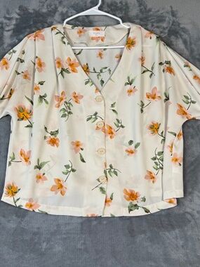Elodie Floral Button Front Blouse Cream Orange Short Sleeve Lightweight L
